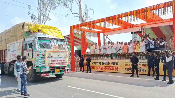 CM Yogi flagged off 48 trucks filled with relief material