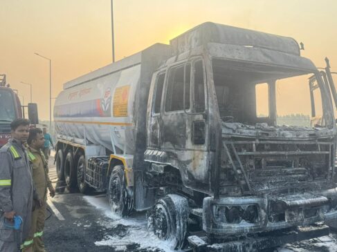 A tanker carrying oil caught fire at the airport