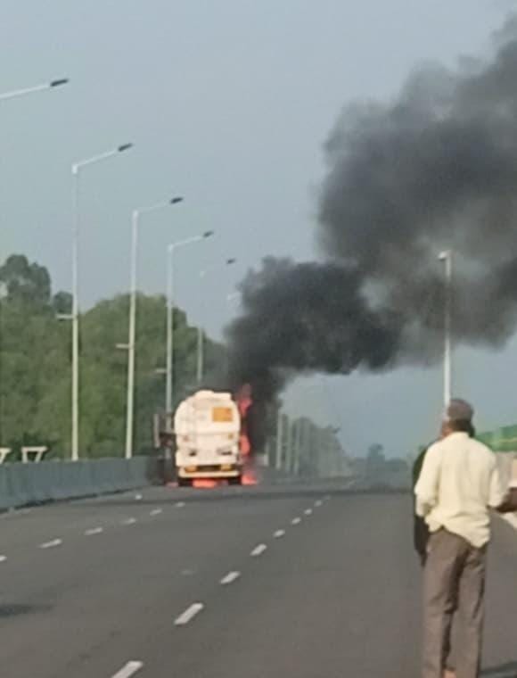 A tanker carrying oil caught fire at the airport