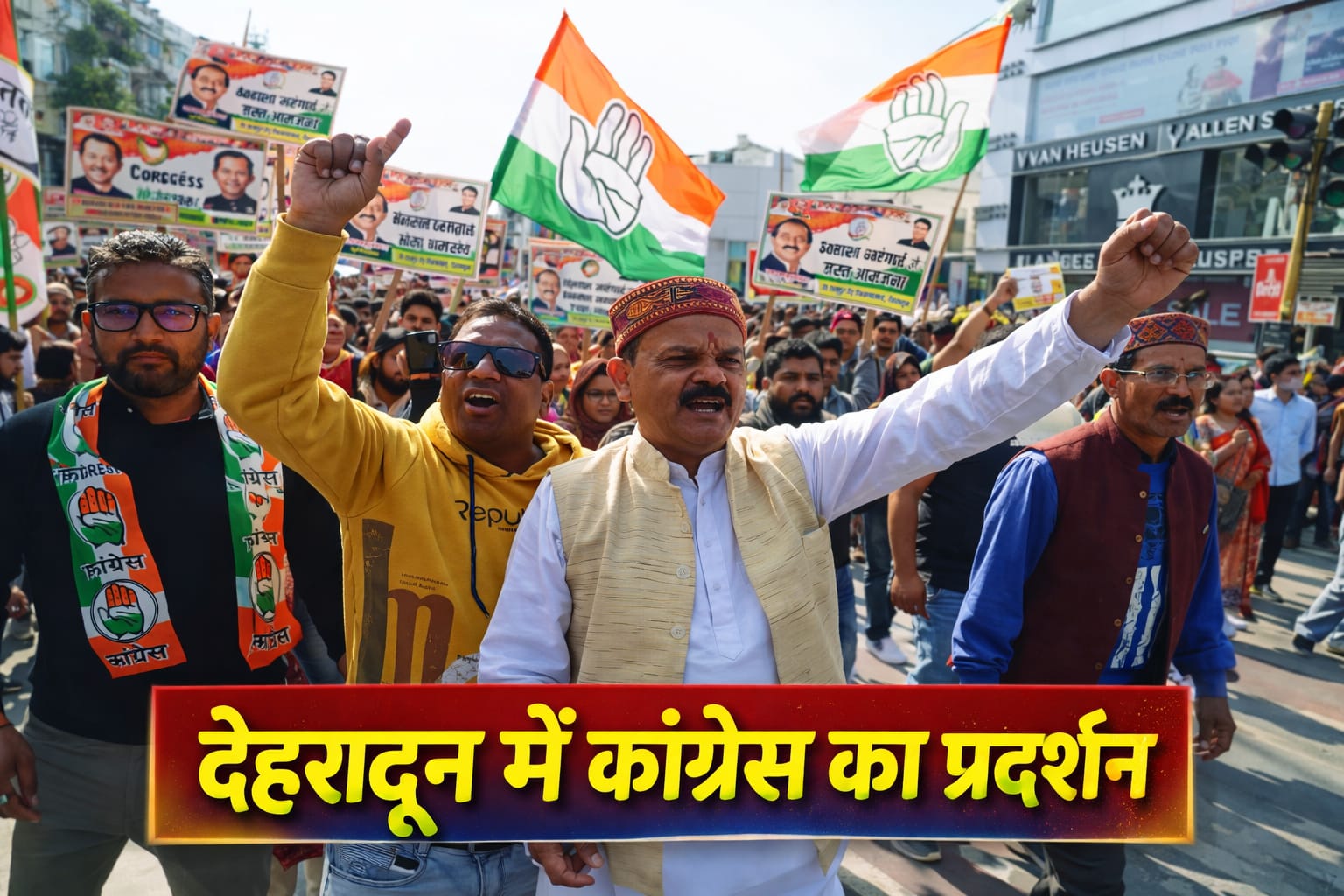 A large group of Congress party members took to the streets of Dehradun